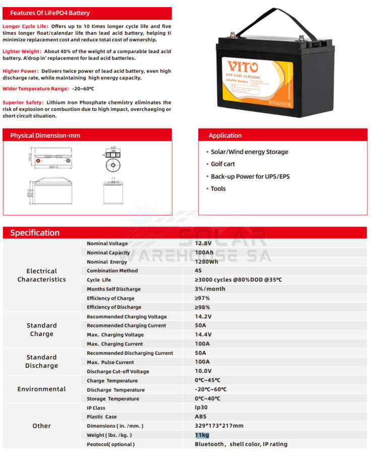 Vito 12v 100AH 1.28kWh Lithium Battery LifeP04 Battery