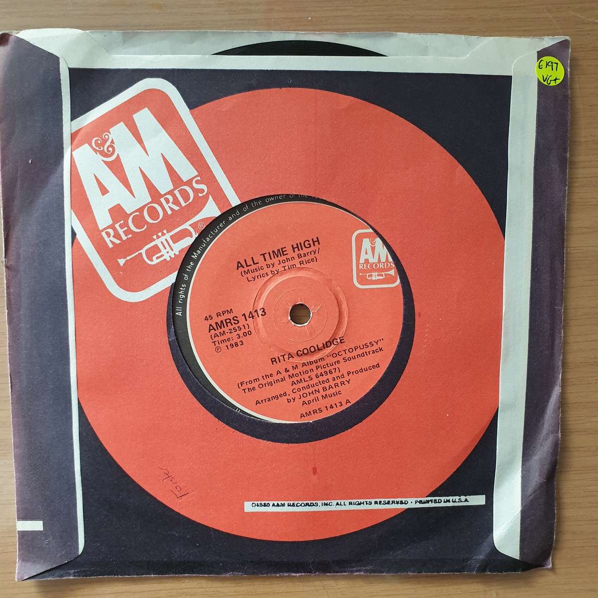 Rita Coolidge  All Time High (The Theme Song From Octopussy) - Vinyl 7" Record - Very-Good+ Qu...