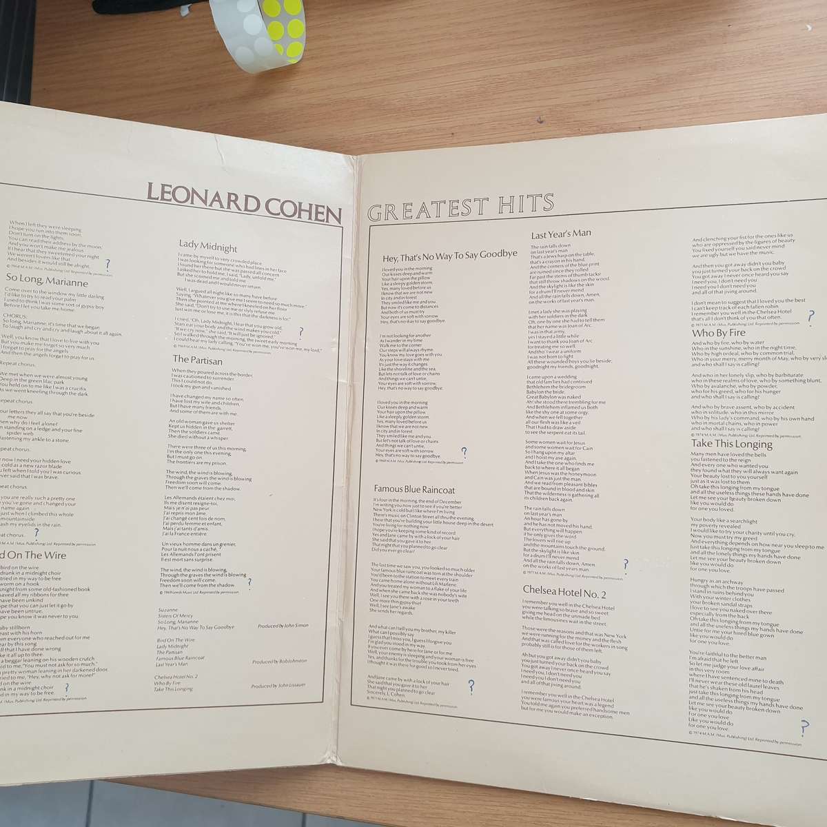 Leonard Cohen  Greatest Hits  Vinyl LP Record - Very-Good+ Quality (VG+) (verygoodplus)