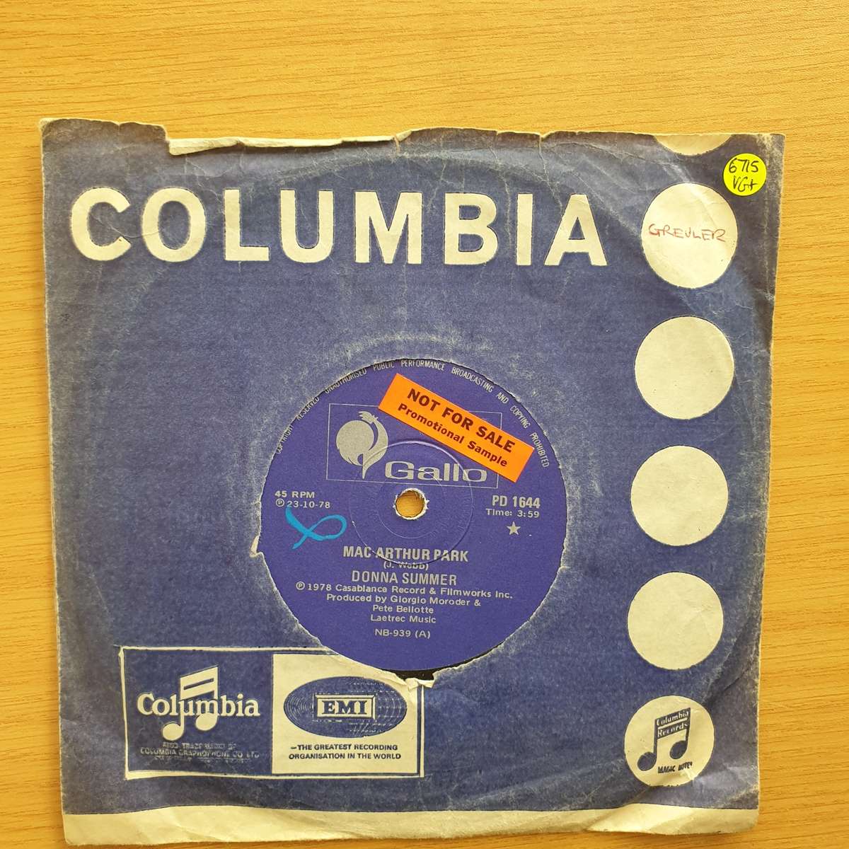 Donna Summer  Mac Arthur Park - Promotional Record - Vinyl 7" Record - Very-Good+ Quality (VG+...