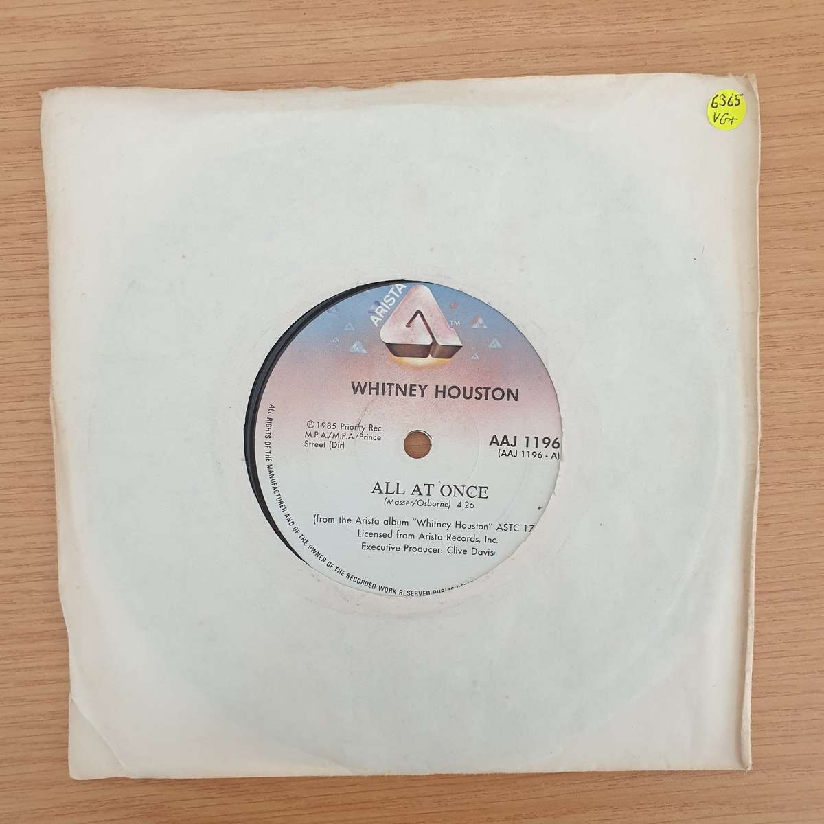 Whitney Houston  All At Once - Vinyl 7" Record - Very-Good+ Quality (VG+) (verygoodplus7)