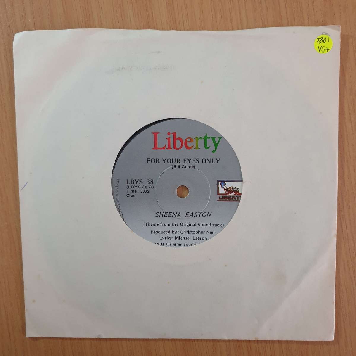 Sheena Easton  For Your Eyes Only - 7" Record - Very-Good+ Quality (VG+) (verygoodplus7) (DLB)