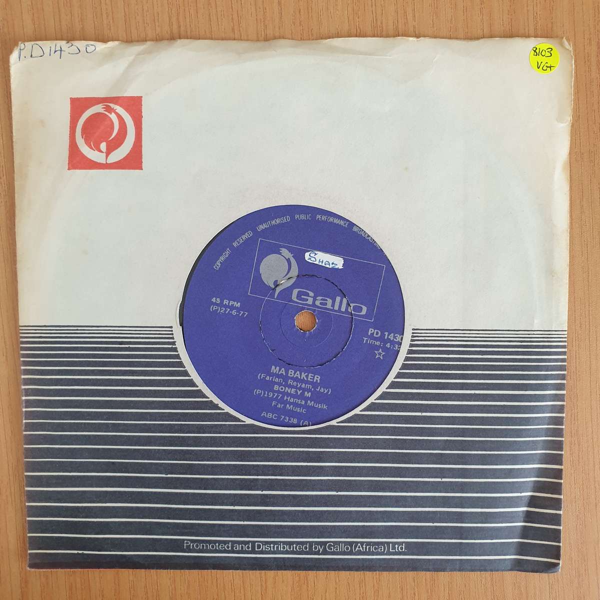 Boney M.  Ma Baker / A Woman Can Change A Man - Vinyl 7 Record  (VG+) (Aryeh)