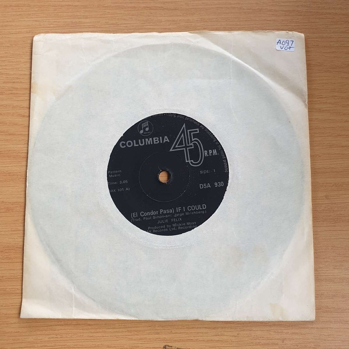 Julie Felix  (El Condor Pasa) If I Could / Alone | Vinyl 7" Single | (VG+)