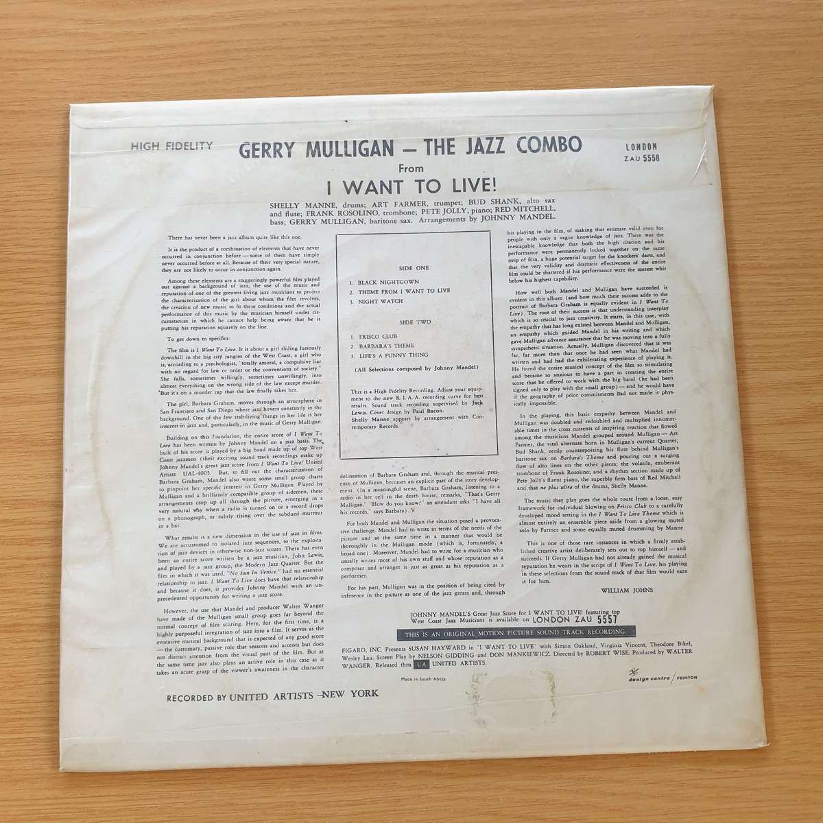 Gerry Mulligan  The Jazz Combo From "I Want To Live!" | Vinyl LP Record | (VG+)
