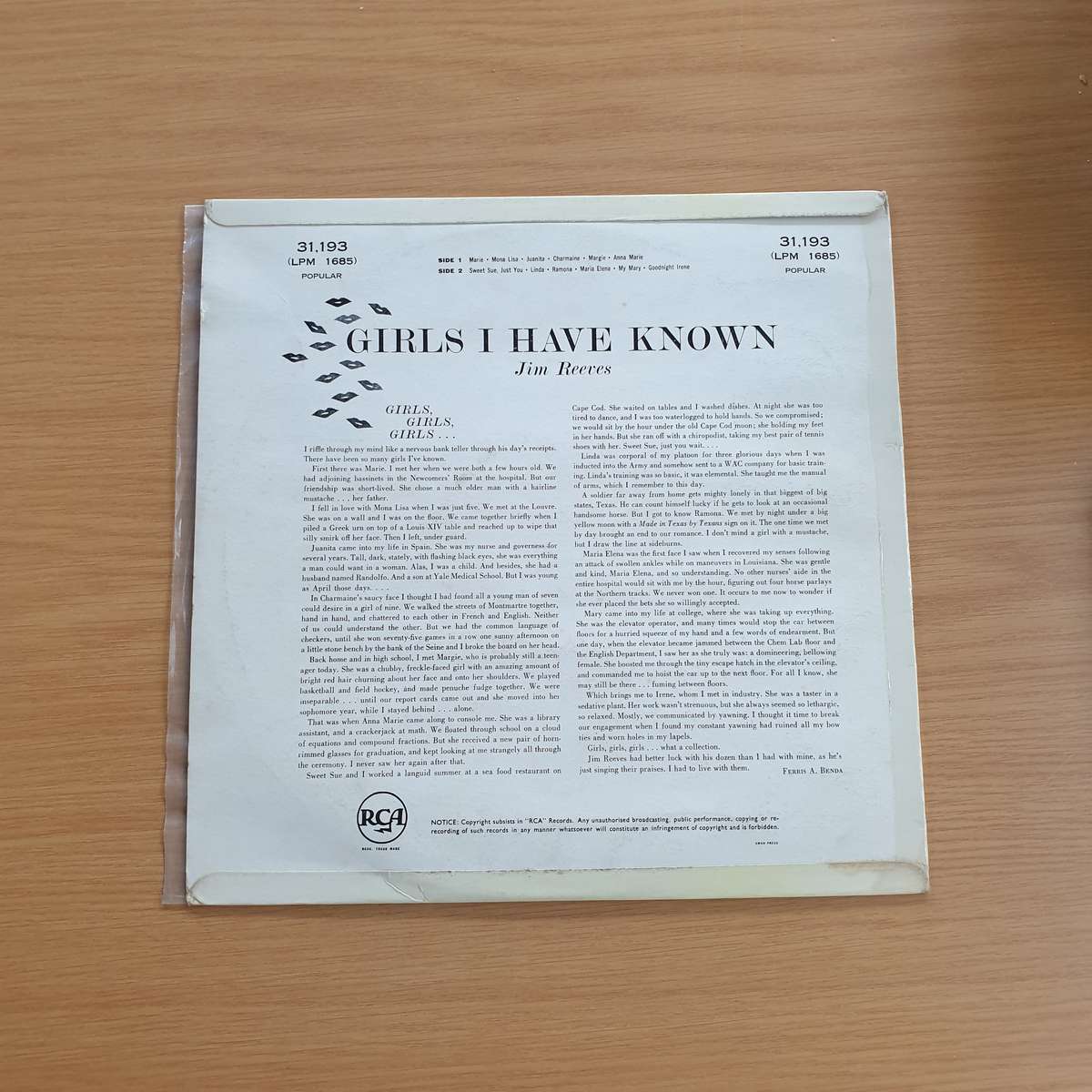 Jim Reeves - Girls I Have Known | Vinyl LP Record | (VG+)