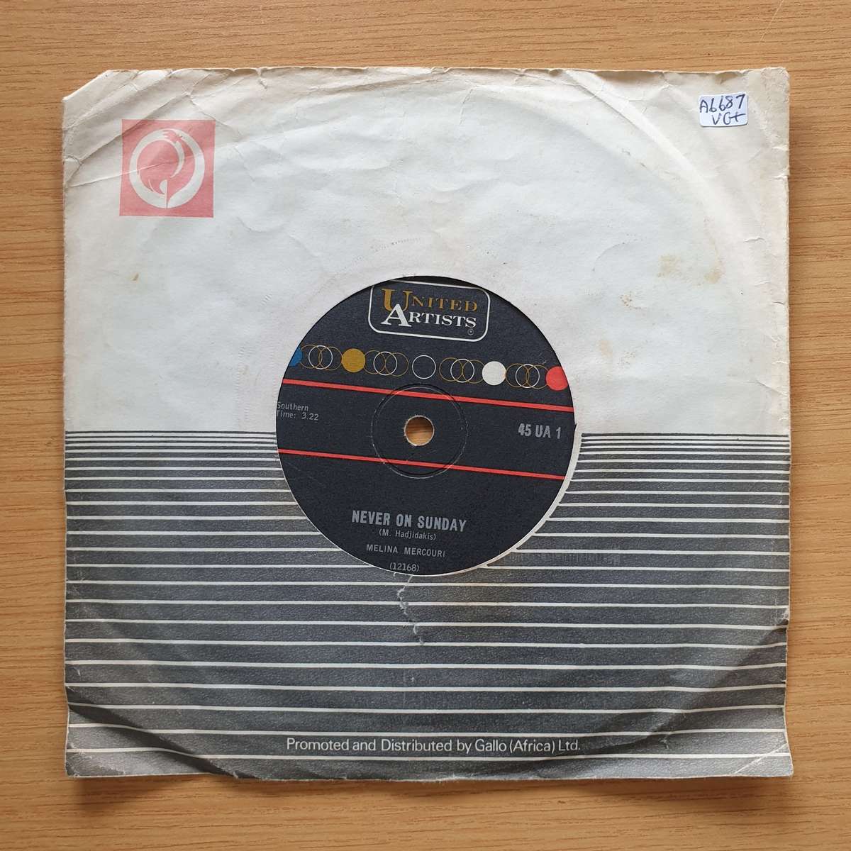 Manos Hadjidakis  Never On Sunday (Original Sound Track Music)| Vinyl 7" Single | (VG+)