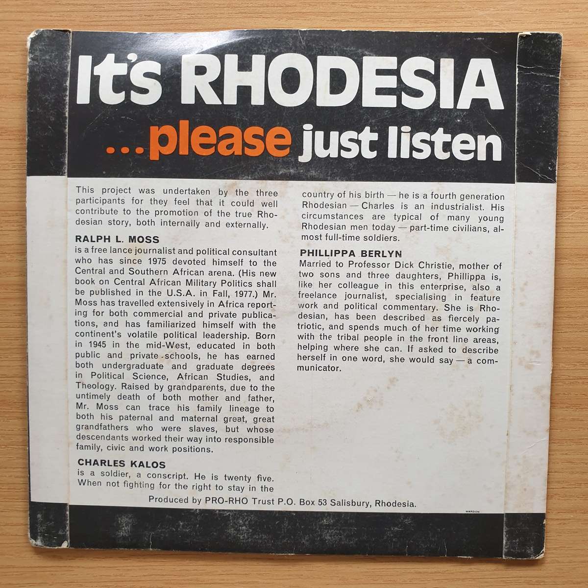Ralph Moss, Phillippa Berlyn, Charles Kalos  It's Rhodesia ...Please Just Listen | Vinyl 7" Si...