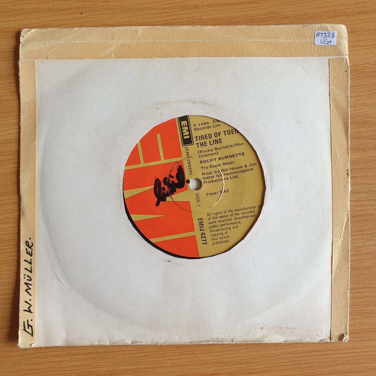Rocky Burnette  Tired Of Toein' The Line | Vinyl 7" Single  | (VG+)