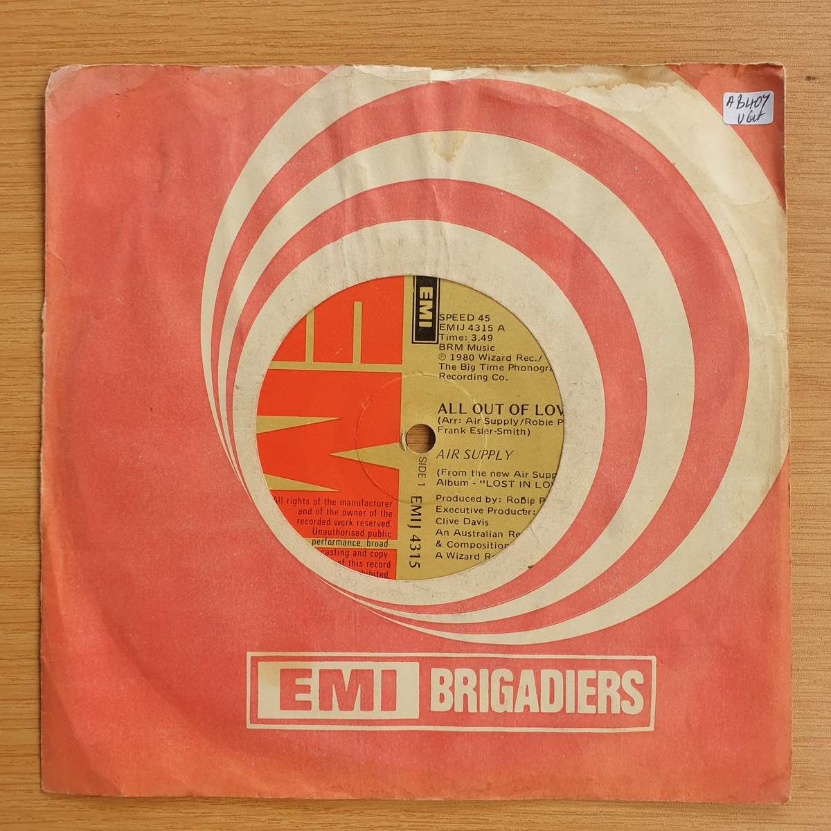 Air Supply  All Out Of Love |Vinyl 7" Single | (VG+)