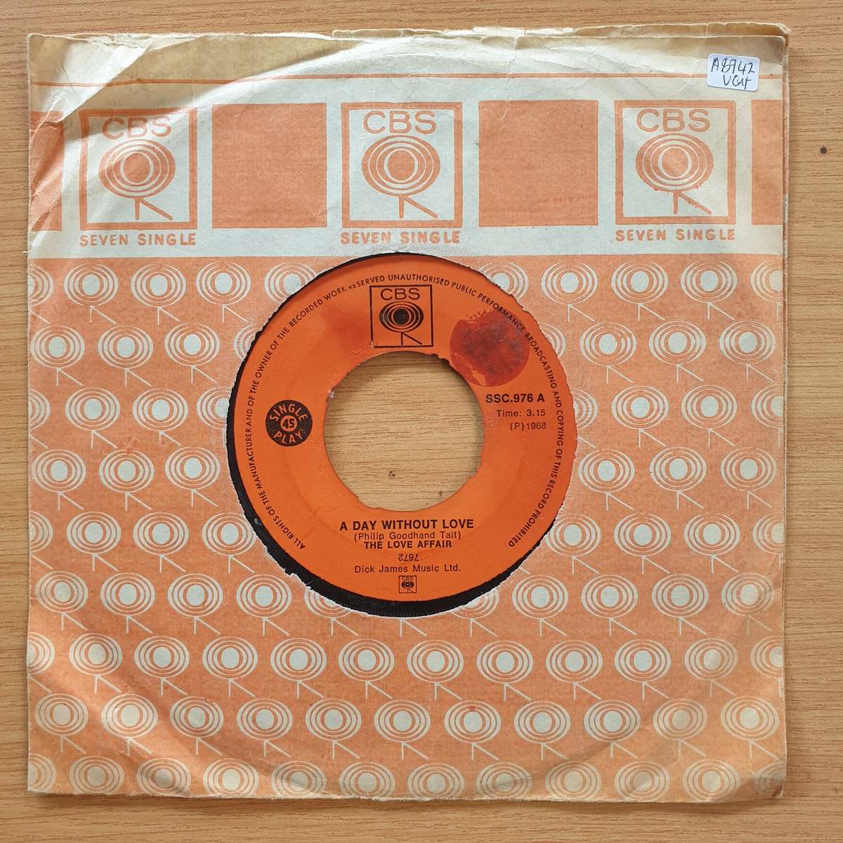 The Love Affair  A Day Without Love / I'm Happy  | Vinyl 7" Single | (VG+)