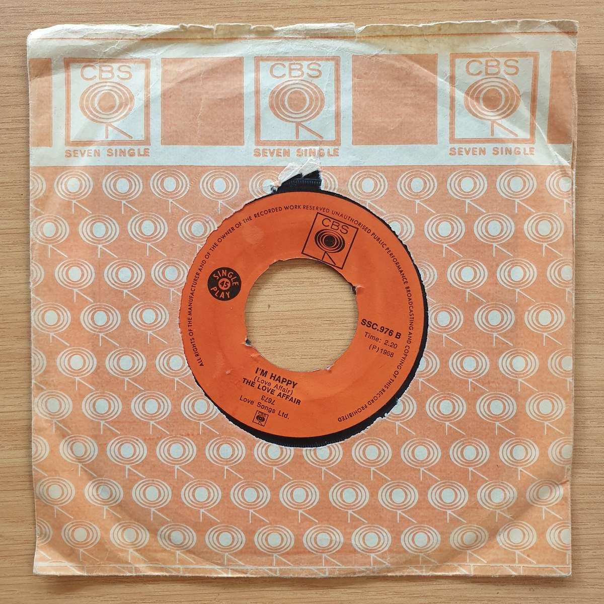 The Love Affair  A Day Without Love / I'm Happy  | Vinyl 7" Single | (VG+)
