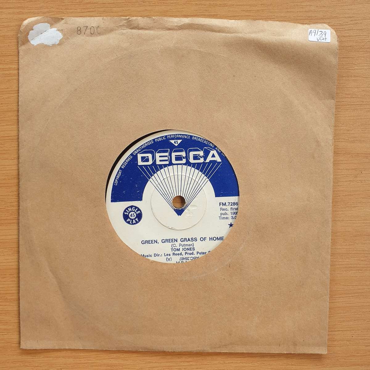 Tom Jones  Green, Green Grass Of Home    | Vinyl 7" Single | (VG+)