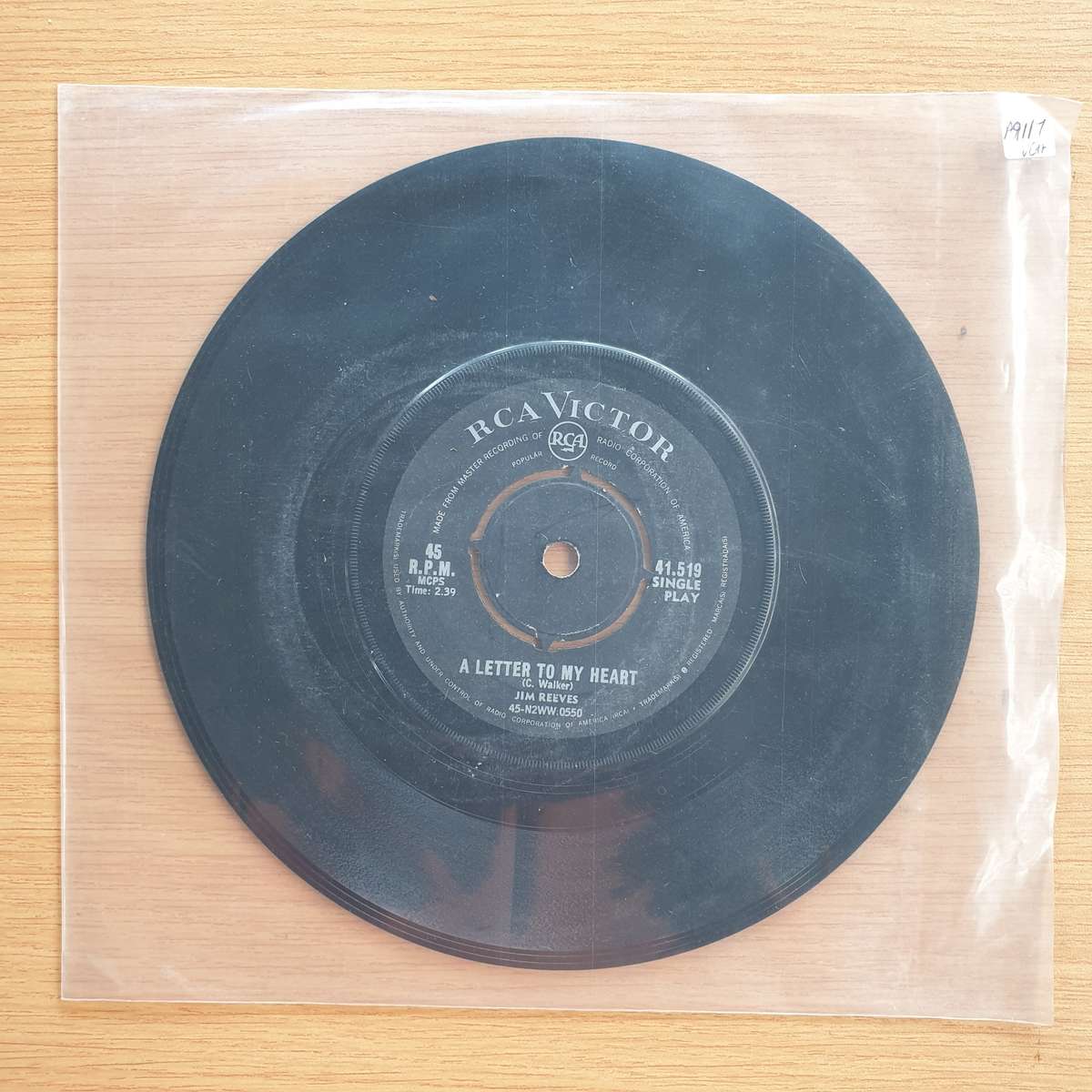 Jim Reeves - A Letter To My Heart   | Vinyl 7" Single | (VG+)