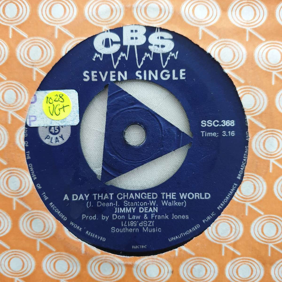 Jimmy Dean  A Day that Saved the World - Vinyl 7" Record - Very-Good+ Quality (VG+)