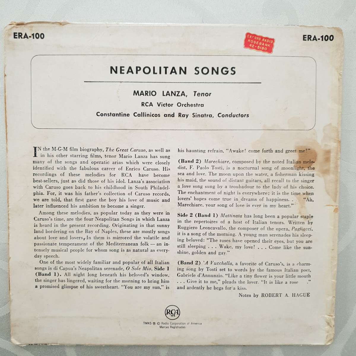 Mario Lanza  Four Neapolitan Songs - Vinyl 7" Record - Very-Good+ Quality (VG+)
