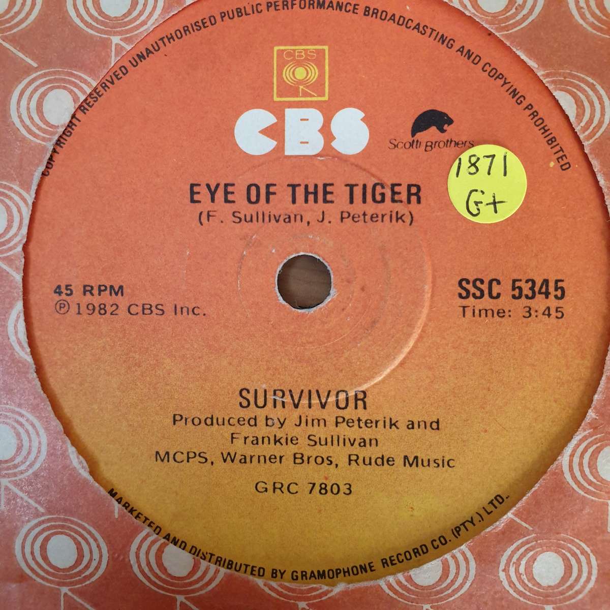 Survivor  Eye Of The Tiger - Vinyl 7" Record - Good+ Quality (G+)