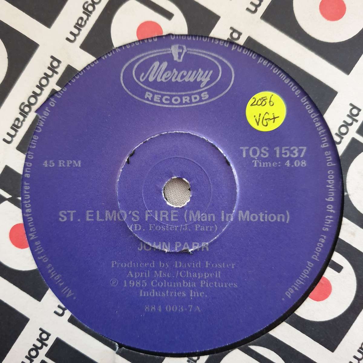 John Parr  St. Elmo's Fire (Man In Motion) - Vinyl 7" Record - Very-Good+ Quality (VG+)