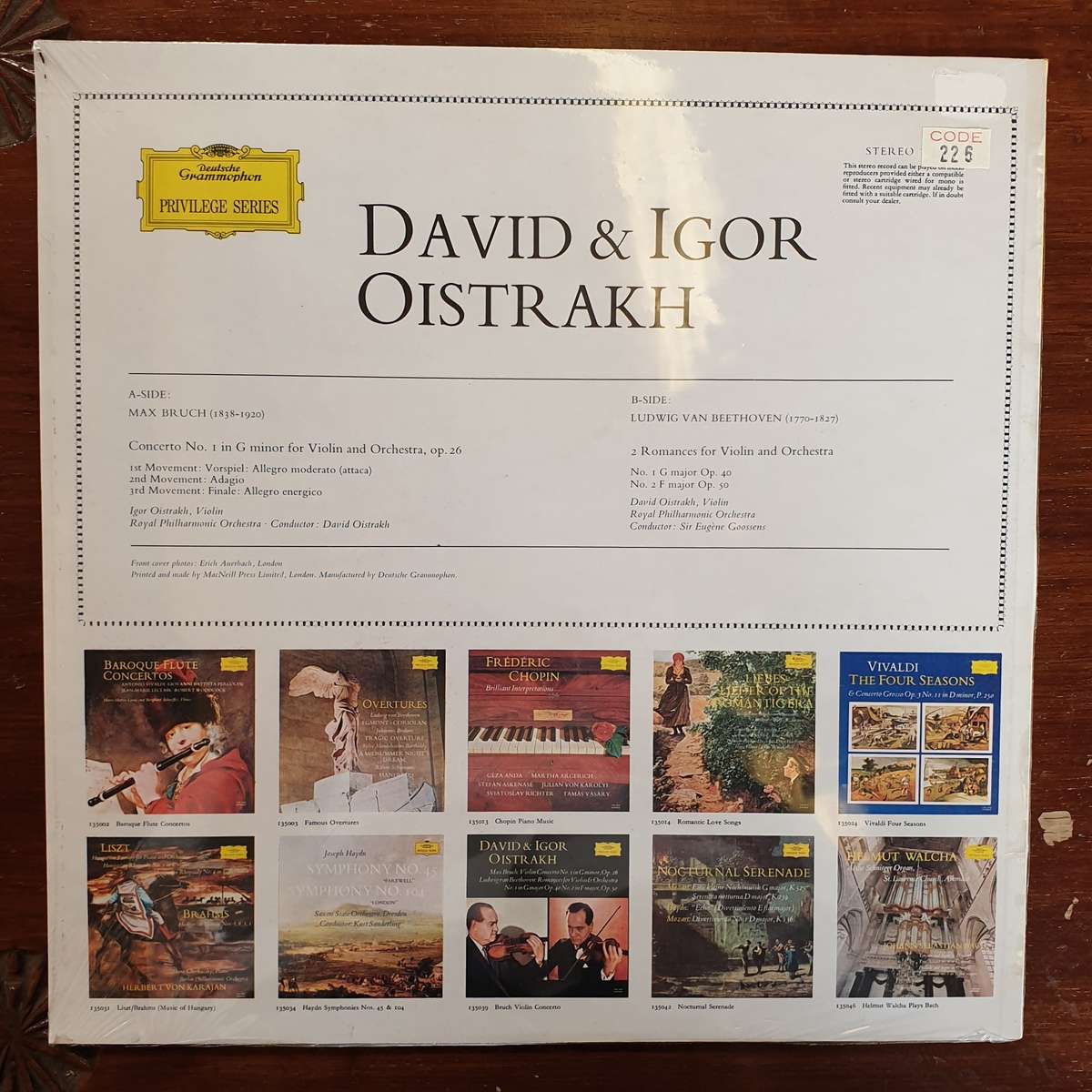 David & Igor Oistrach  Beethoven - Max Bruch (German Pressing) -Violin Concerto No 1 in Gminor...