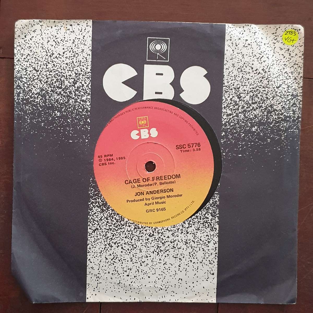 Jon Anderson  Cage Of Freedom - Vinyl 7" Record - Very-Good+ Quality (VG+)