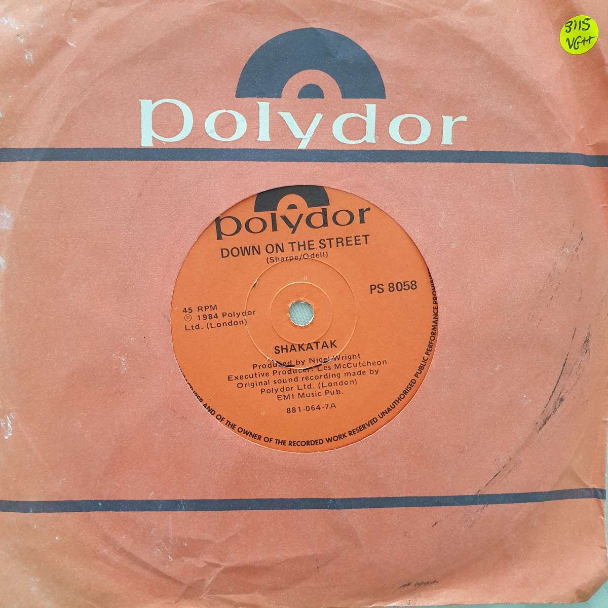 Shakatak  Down On The Street - Vinyl 7" Record - Very-Good+ Quality (VG+)