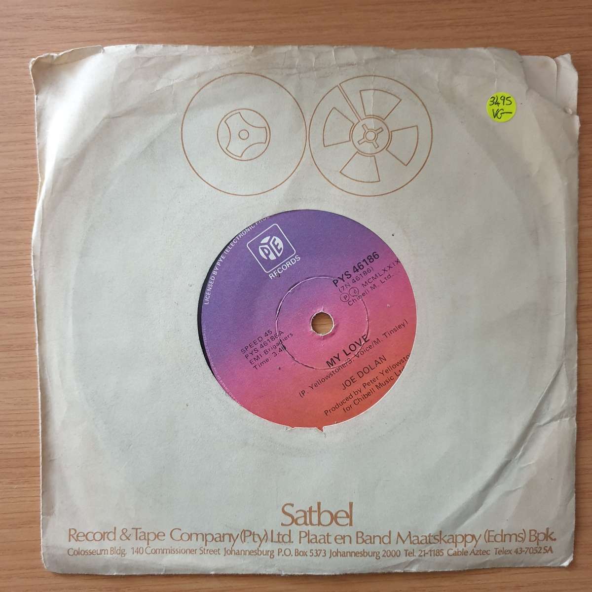 Joe Dolan  My Love - Vinyl 7" Record - Opened  - Very-Good- Quality (VG-) (verygoodminus)