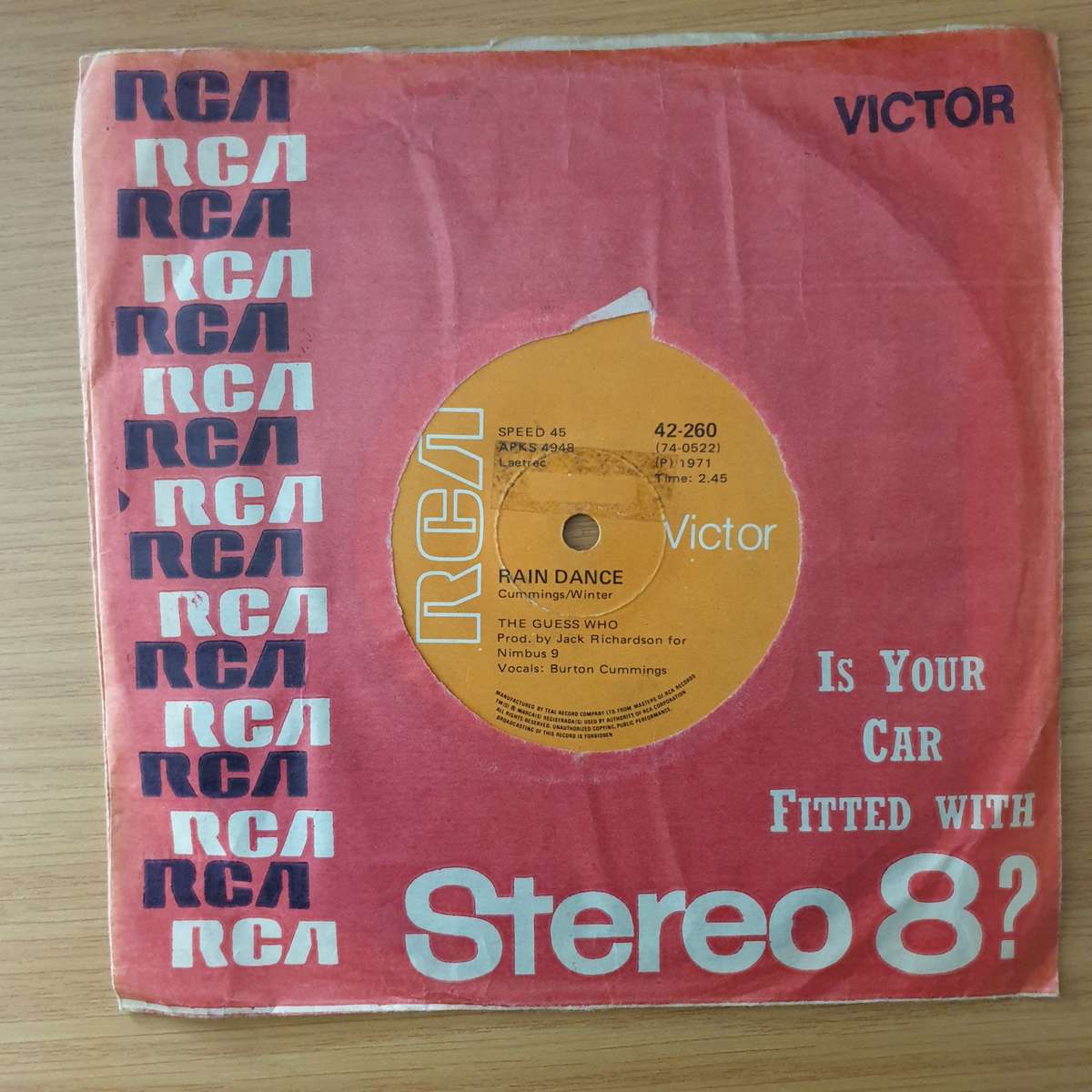 The Guess Who  Rain Dance - Vinyl 7" Record - Very-Good+ Quality (VG+) (verygoodplus)