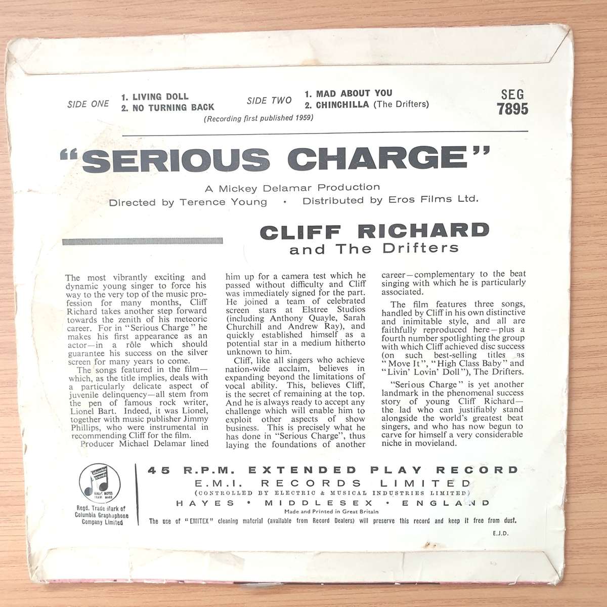 Cliff Richard & The Drifters  Serious Charge - Vinyl 7" Record - Very-Good+ Quality (VG+) (ver...