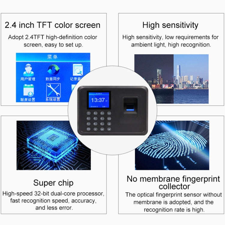 F01 Fingerprint Time Attendance Machine with 2.4 inch TFT Screen, US Plug, ACS2685EU, ACS2685UK, ...