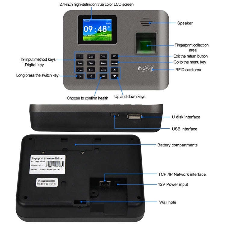 Realand AL321D Fingerprint Time Attendance with 2.4 inch Color Screen & ID Card Function & Batter...