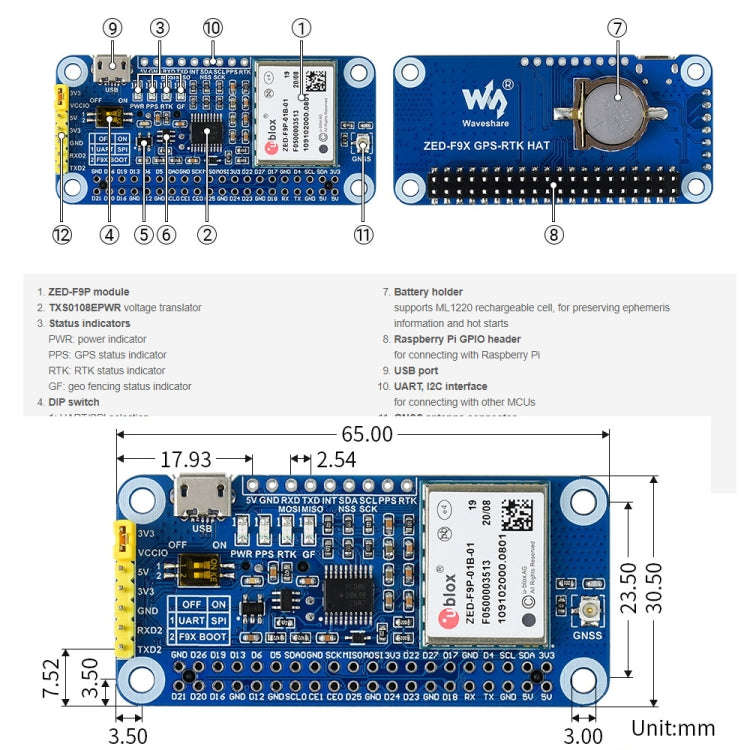Waveshare ZED-F9P GPS-RTK HAT Centimeter Level Accuracy Multi-Band RTK Differential GPS Module fo...