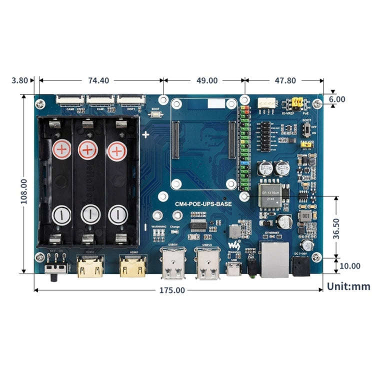 Waveshare PoE UPS Base Board for Raspberry Pi CM4, Gigabit Ethernet, Dual HDMI, Quad USB2.0, PoE ...
