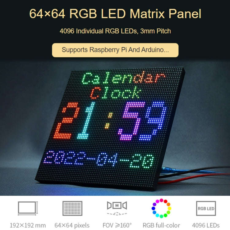 Waveshare RGB Full-Color LED Matrix Panel, 3mm Pitch, 64 x 64 Pixels, Adjustable Brightness, 22100
