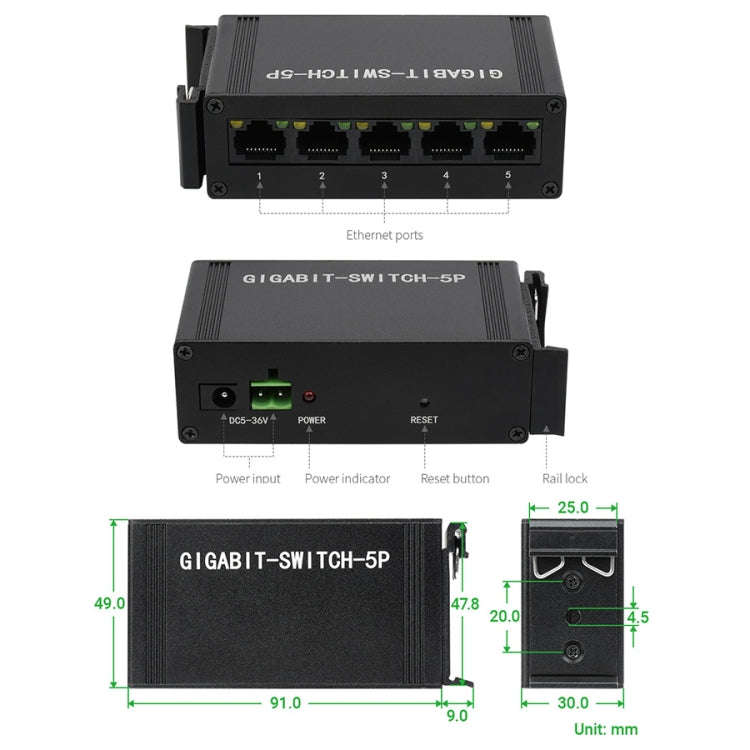 Waveshare Industrial 5P Gigabit Ethernet Switch, Full-Duplex 10/100/1000M, DIN Rail Mount
