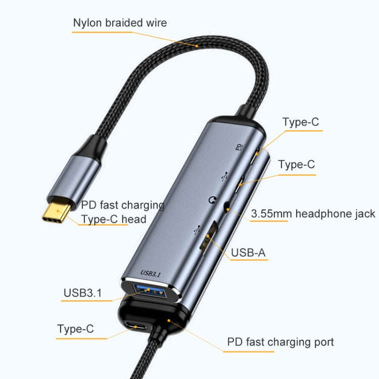 Y003 5 in 1 USB-C/Type-C to USB3.1+USB2.0+Dual USB-C/Type-C+3.5mm Audio Interface Multi-function ...