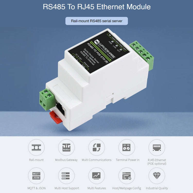 Waveshare Din Rail RS485 to RJ45 Serial Server with POE Function, 23273