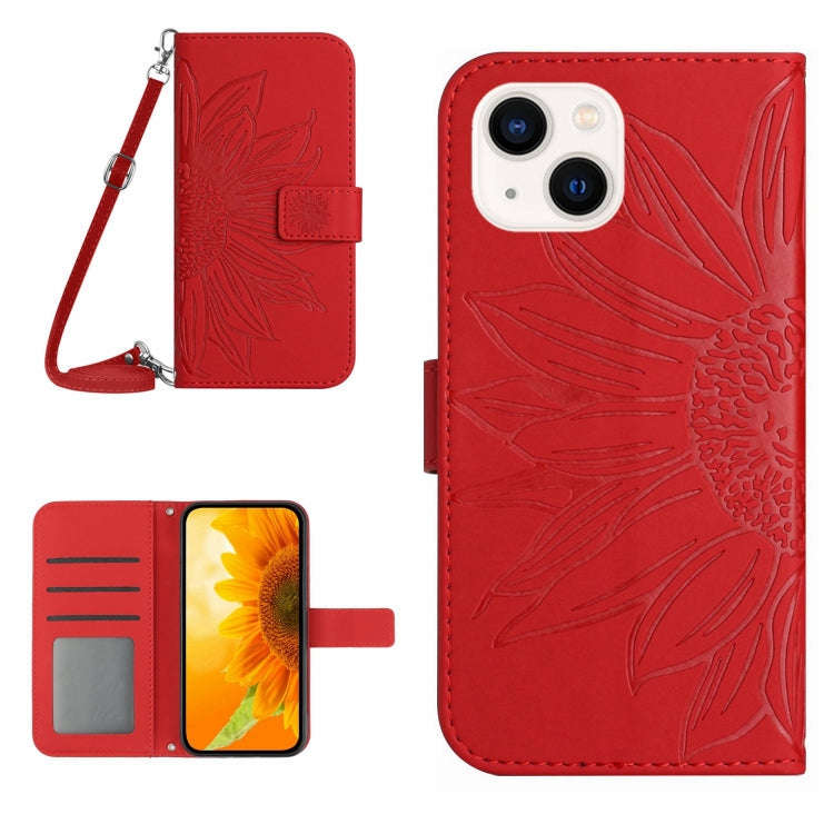 Skin Feel Sun Flower Embossed Flip Leather Phone Case with Lanyard, For iPhone 16, For iPhone 15 ...
