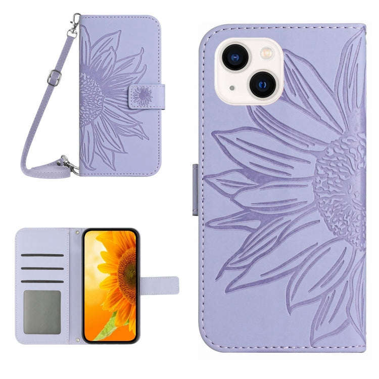 Skin Feel Sun Flower Embossed Flip Leather Phone Case with Lanyard, For iPhone 16, For iPhone 15 ...