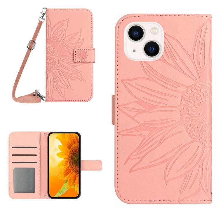 Skin Feel Sun Flower Embossed Flip Leather Phone Case with Lanyard, For iPhone 16, For iPhone 15 ...