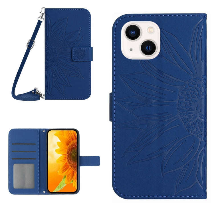 Skin Feel Sun Flower Embossed Flip Leather Phone Case with Lanyard, For iPhone 16, For iPhone 15 ...