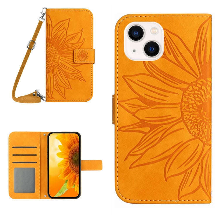 Skin Feel Sun Flower Embossed Flip Leather Phone Case with Lanyard, For iPhone 16, For iPhone 15 ...