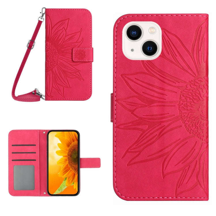 Skin Feel Sun Flower Embossed Flip Leather Phone Case with Lanyard, For iPhone 16, For iPhone 15 ...