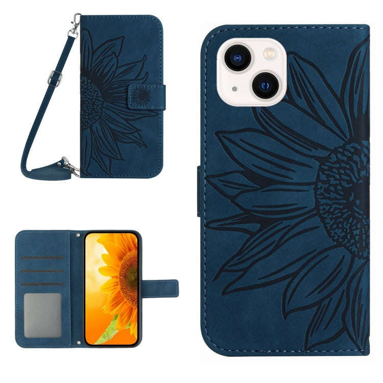 Skin Feel Sun Flower Embossed Flip Leather Phone Case with Lanyard, For iPhone 16, For iPhone 15 ...