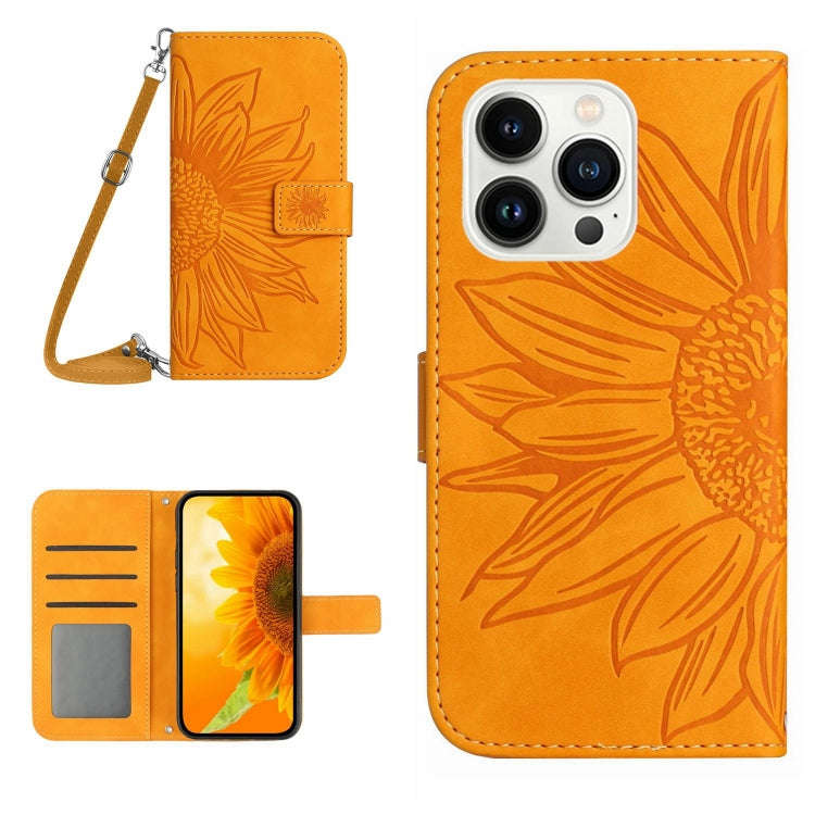 Skin Feel Sun Flower Embossed Flip Leather Phone Case with Lanyard, For iPhone 16, For iPhone 15 ...