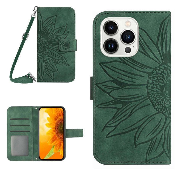 Skin Feel Sun Flower Embossed Flip Leather Phone Case with Lanyard, For iPhone 16, For iPhone 15 ...