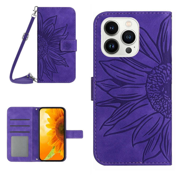Skin Feel Sun Flower Embossed Flip Leather Phone Case with Lanyard, For iPhone 16, For iPhone 15 ...