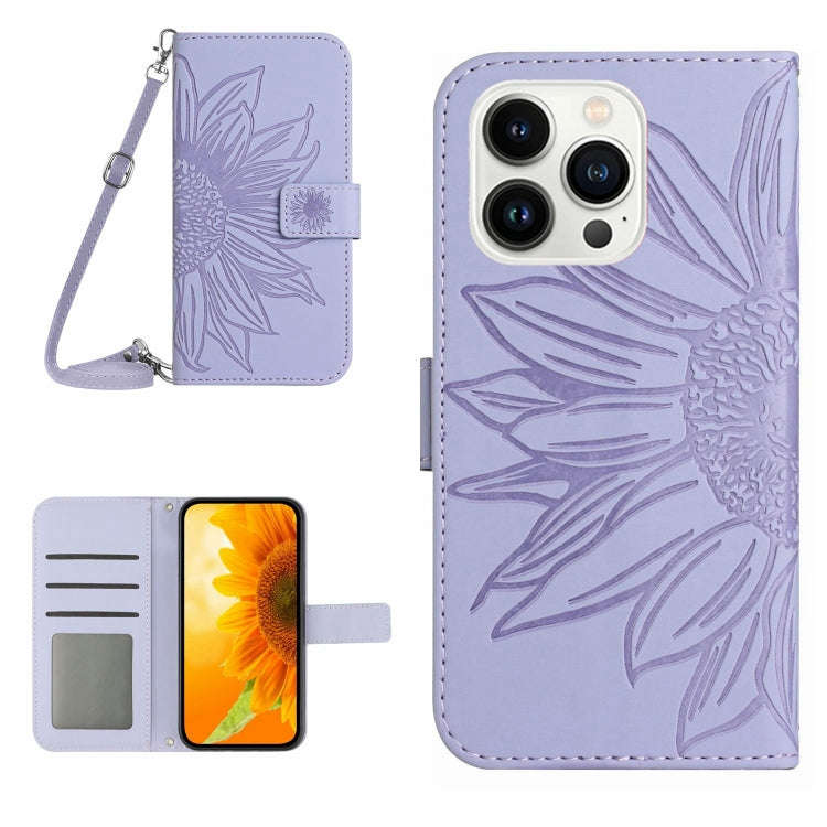 Skin Feel Sun Flower Embossed Flip Leather Phone Case with Lanyard, For iPhone 16, For iPhone 15 ...