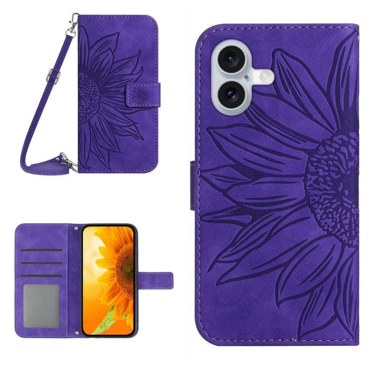 Skin Feel Sun Flower Embossed Flip Leather Phone Case with Lanyard, For iPhone Air, For iPhone 16...