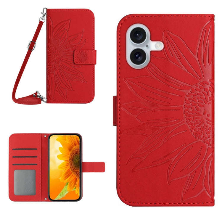 Skin Feel Sun Flower Embossed Flip Leather Phone Case with Lanyard, For iPhone 16, For iPhone 15 ...