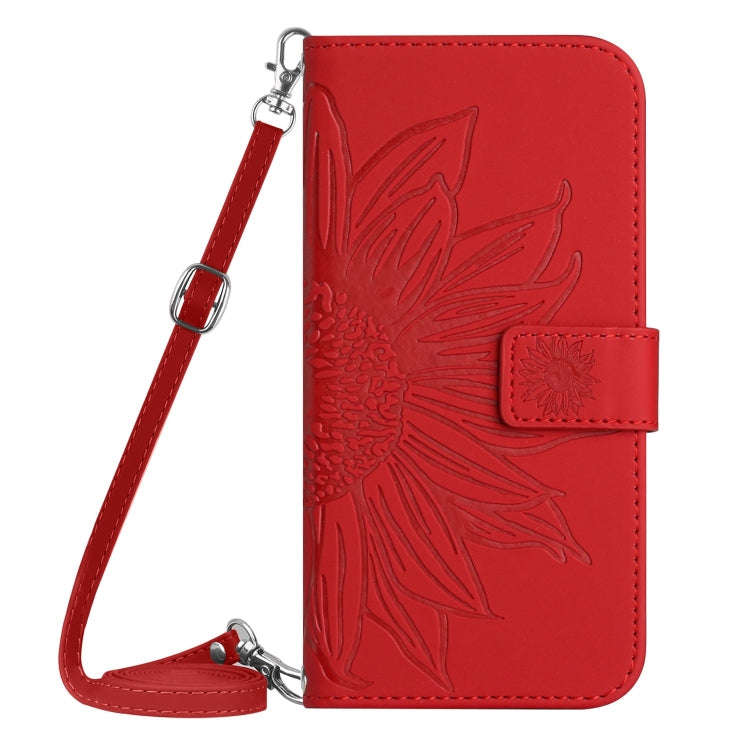 Skin Feel Sun Flower Embossed Flip Leather Phone Case with Lanyard, For iPhone 16, For iPhone 15 ...